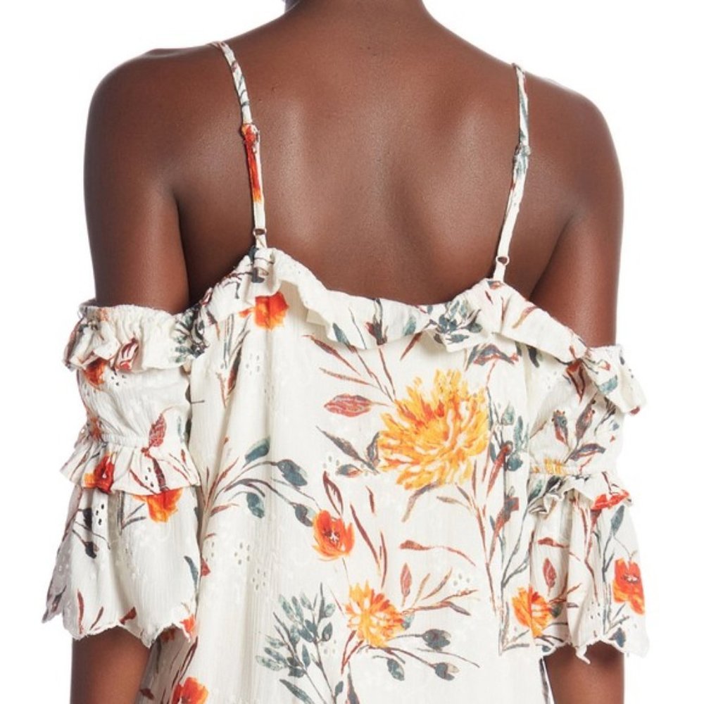 Eyelet Floral Cold Shoulder Ruffle Button Up Dress - Picture 4 of 9